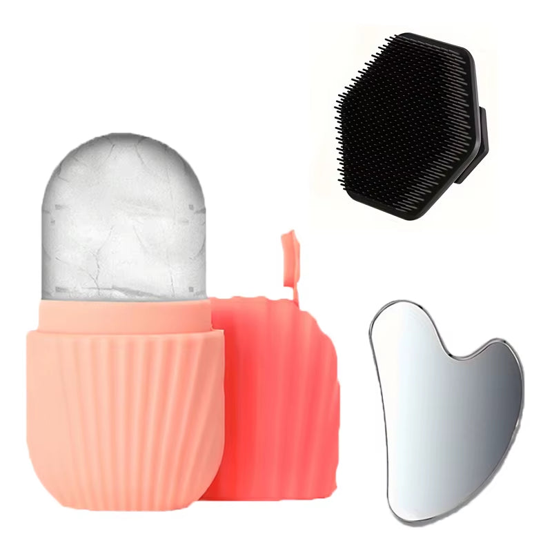 3-Piece Facial Cleansing Tool Set, Stainless Steel Heart-Shaped Scraping Tool, Ice Roller, Silicone Facial Brush