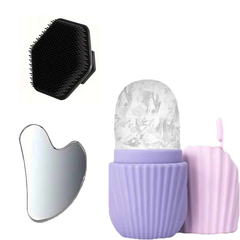 3-Piece Facial Cleansing Tool Set, Stainless Steel Heart-Shaped Scraping Tool, Ice Roller, Silicone Facial Brush